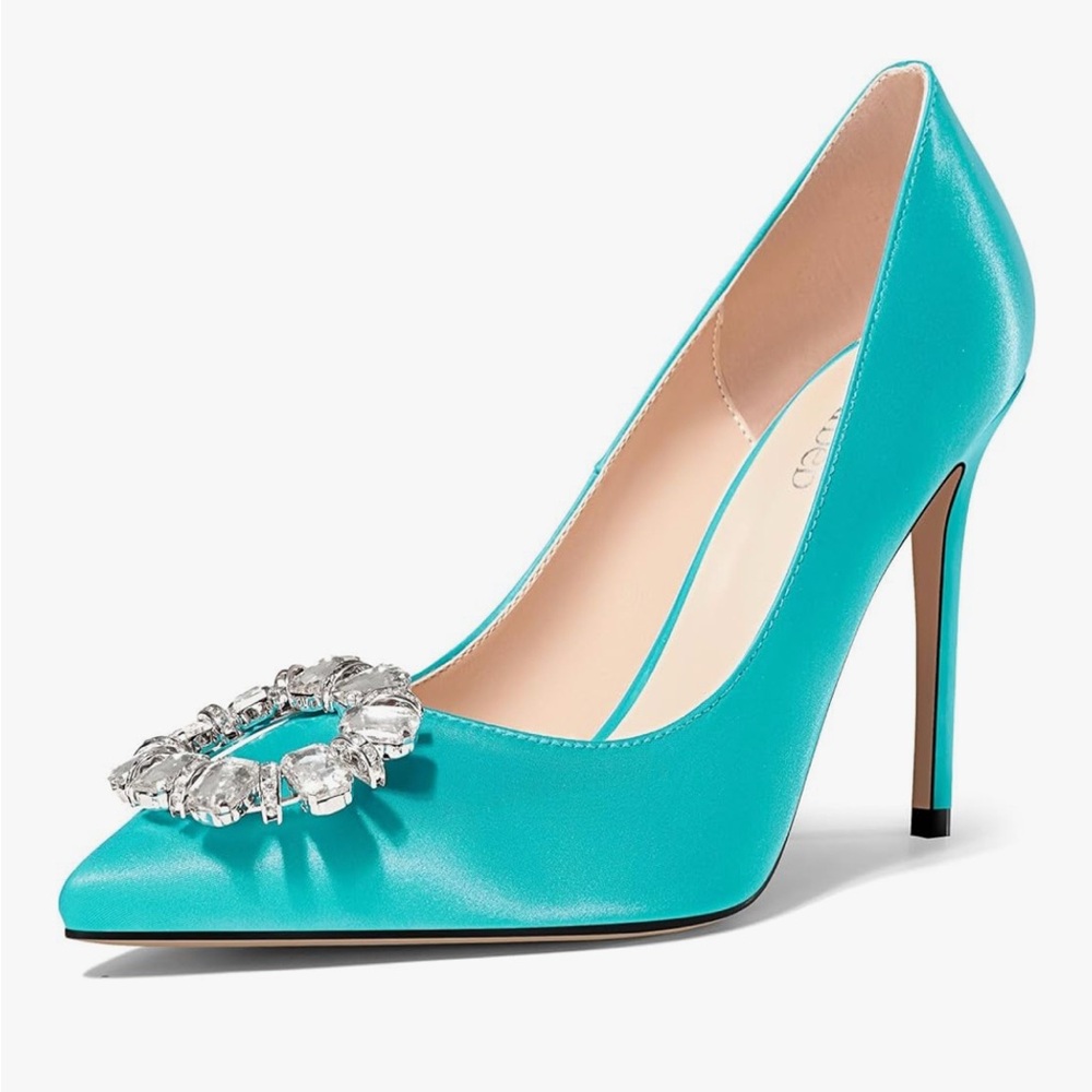 SOLD ***Tiffany blue 4 inch stiletto circular rhinestone buckle embellishment - Picture 1 of 11